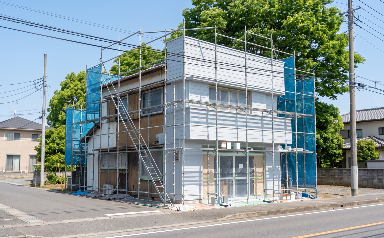 塗装工事中の店舗の建物